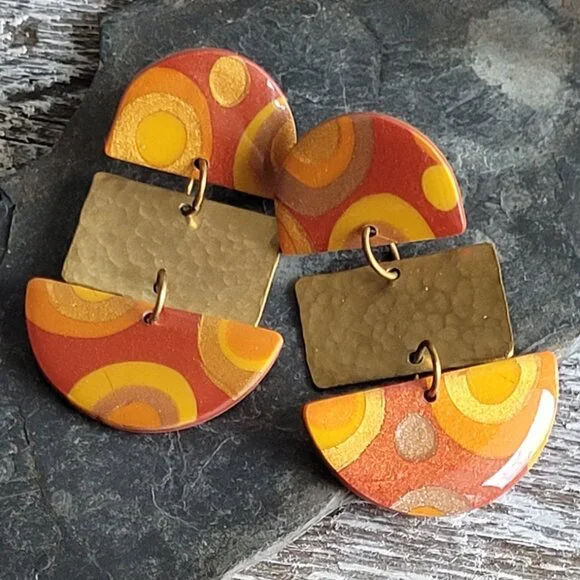 Retro Style Handmade Polymer Clay and Hammered Brass Drop Earrings - Picture 2 of 2